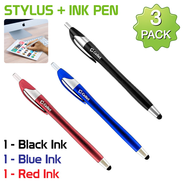 PEN745 - Cellet Stylus, and Ink Pen Combo,  (BLACK / BLUE / RED) 3 PACK