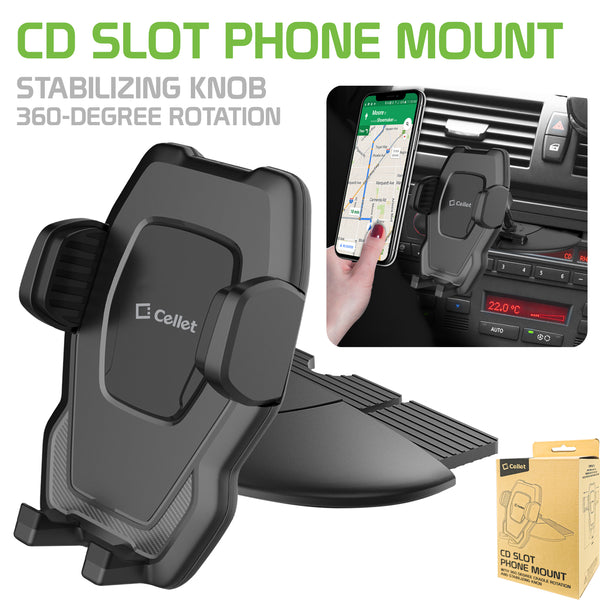 RHCD100 - CD Slot Phone Mount with 360 Degree Cradle Rotation and Stabilizing Knob for Samsung Galaxy S9/S9 Plus, S8/S8 Plus, Galaxy Note 8, Apple iPhone X, 8/8 Plus, and More – by Cellet