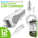 PMICUM21WT - Cellet High Powered 12 Watt (2.4 Amp) Micro USB Car Charger with Extra USB Port and Coiled cable - White