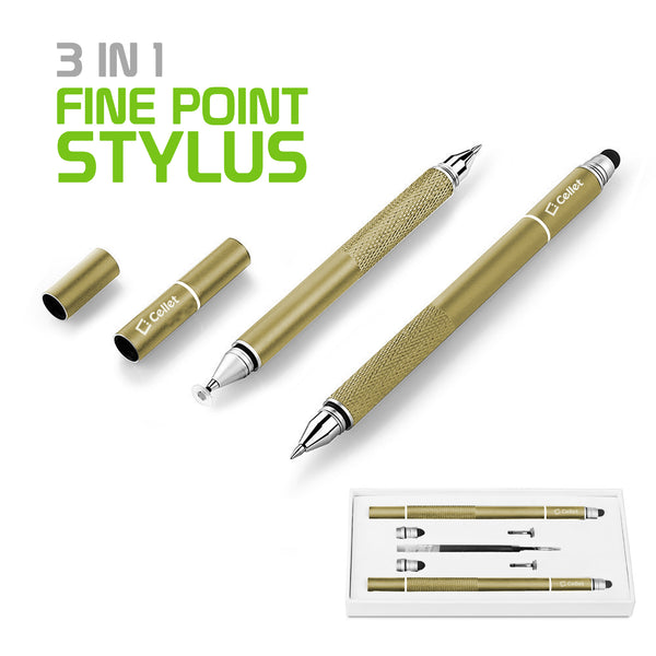 PENDISCGD - 3 in 1 Stylus Pen (Ballpoint Pen, Precision Clear Disc Pen, Capacitive Stylus Pen), 2 Stylus Pens with Replacement Tips for Apple iPads, iPhones, Tablets, Androids and More by Cellet - Gold