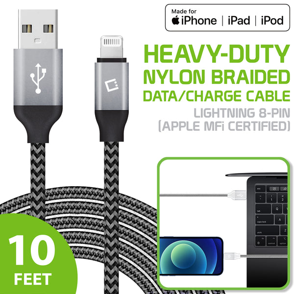 DA8T10BRBK - Cellet Heavy-Duty Nylon Braided Lightning Cable – 10FT (Apple MFi Certified)