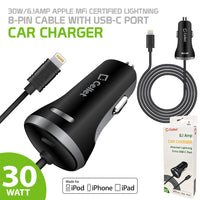 PAPP8H34BK - 30 Watt / 6.1 Amp Attached Lightning (Apple MFi Certified) Car Charger with Extra USB-C Port