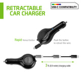 PUSBC30R - Cellet Retractable USB-C Car Charger – 15W Fast Charging, 3.3ft Cable, 3A Output, Blue LED Indicator – Compatible with Apple iPhone 15/16 Series & Android USB-C Devices – Compact, Tangle-Free