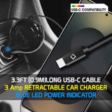 PUSBC30R - Cellet Retractable USB-C Car Charger – 15W Fast Charging, 3.3ft Cable, 3A Output, Blue LED Indicator – Compatible with Apple iPhone 15/16 Series & Android USB-C Devices – Compact, Tangle-Free