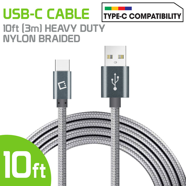 DCA1020GY - USB-C Cable, Cellet 10ft (3m) Heavy Duty Nylon Braided USB-A to USB-C - Silver