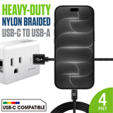DCA420BK - Cellet 4ft USB-C to USB-A Cable, Heavy-Duty Nylon Braided Charging & Data Sync Cord, 3.5mm Thick Durable Cable, Reversible USB-C Connector for iPhone, Samsung Galaxy, Pixel & More