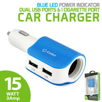 PUSBDC2BL - Cellet 15W 3.1A Dual USB Car Charger Adapter with Cigarette Lighter Socket – 2 USB Ports (2.1A & 1.0A), Blue LED Power Indicator, Universal Compatibility