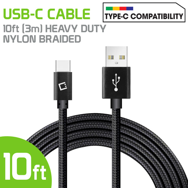 DCA1020BK - 10 Ft Durable Nylon Braided Type C Data Transfer & Sync Fast Charge Cable 2.5 Amp