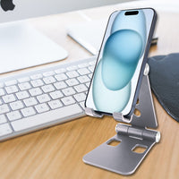 PHALUSL - Table Desktop Phone Stand Smartphone Holder, Portable Resilient Aluminum -Silver