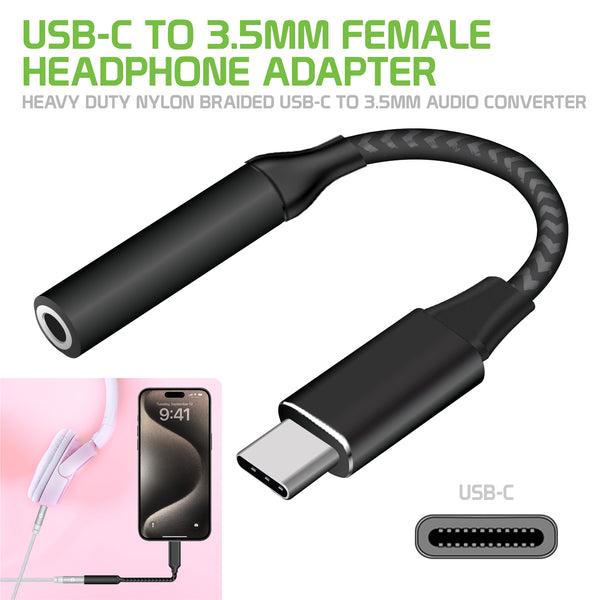 DCAFEMB - USB-C to 3.5mm Female Headphone Adapter, Heavy Duty Nylon Braided Audio Converter