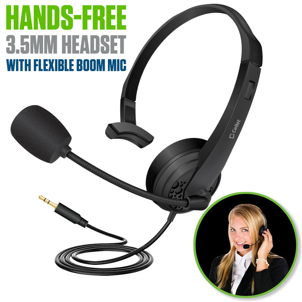 EP35C FA - Cellet Universal Mono 3.5mm Hands-Free Headset with Flexible Boom Microphone – Adjustable Headband, Single-Ear (Mono) Wired Headset for Calls & Office Use