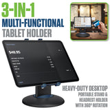 PHTAB5003 - Cellet 3-in-1 Tablet Stand & Car Headrest Mount Holder for POS Desk Kiosk & Backseat Road Trips, 360° Swivel Heavy Duty Weighted Base Portable Ring Grip for iPad Pro 12.9 11 Mini, Galaxy Tab, Surface