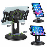 PHTAB5003 - Cellet 3-in-1 Tablet Stand & Car Headrest Mount Holder for POS Desk Kiosk & Backseat Road Trips, 360° Swivel Heavy Duty Weighted Base Portable Ring Grip for iPad Pro 12.9 11 Mini, Galaxy Tab, Surface