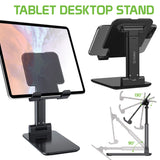 PHTAB60BK - Tablet Desktop Stand, Foldable Heavy Duty Adjustable Smartphone and Tablet Stand with Non-Slip Rubberized Grips and Weighted Base Compatible to Smartphones, Tablets, iPads and Nintendo Switch – Black