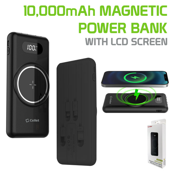 QIMS1000 - Wireless Portable Charger, Magnetic 10000mAh Portable Power Bank with Wireless Charging Pad, Smart Digital Display Screen and Built in Lightning, Type-C and Micro USB Cable - Black
