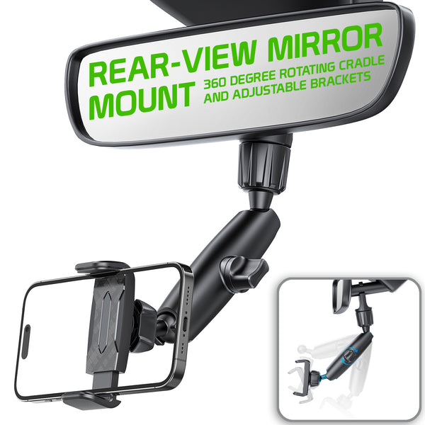 PHMIR4 - Cellet Rear-View Mirror Phone Mount, 360° Rotating Cradle and Adjustable 3 Ball Joints Arm
