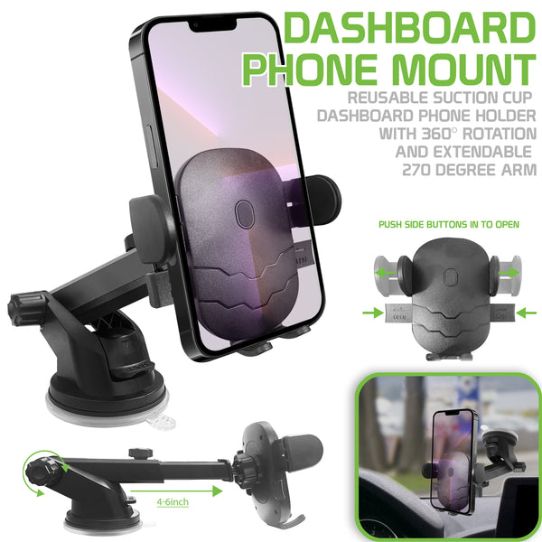 PH180 - Dashboard Phone Mount, Reusable Suction Cup Dashboard Phone Holder with 360 Degree Rotation and Extendable 270 Degree Arm