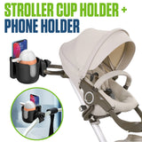 PH203CUPB - Universal Stroller Cup Holder with Phone Holder - 2-in-1 Stroller Organizer for Drinks & Smartphones - Non-Slip, 360° Rotatable Cup Holder for Strollers, Wheelchairs, Walkers, Bikes - Fits Most Phones
