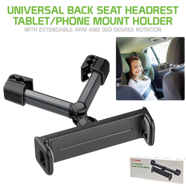 PH356BK - Universal Back Seat Headrest Tablet/Phone Mount Holder with Extendable Arm and 360 Degree Rotation for Apple iPad, iPad Pro, iPad Mini, iPhones and Other Smartphones and Tablets (fits up to 8”) by Cellet - Black