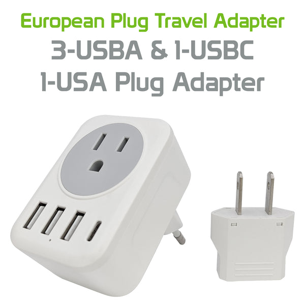 TC3A1CC - UL Certified Type C Outlet European Travel Plug Adapter with 3 USB-A & 1 USB-C Port