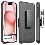 HLIPH15 - iPhone 15 Holster, Shell Holster Kickstand Case with Spring Belt Clip for Apple iPhone 15 – Black – by Cellet