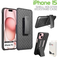 HLIPH15 - iPhone 15 Holster, Shell Holster Kickstand Case with Spring Belt Clip for Apple iPhone 15 – Black – by Cellet