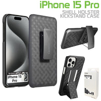 HLIPH15PRO - iPhone 13 Pro Max Holster, Shell Holster Kickstand Case with Spring Belt Clip for Apple iPhone 15 Pro – Black – by Cellet