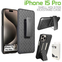 HLIPH15PROMAX - iPhone 13 Pro Max Holster, Shell Holster Kickstand Case with Spring Belt Clip for Apple iPhone 15 Pro Max – Black – by Cellet