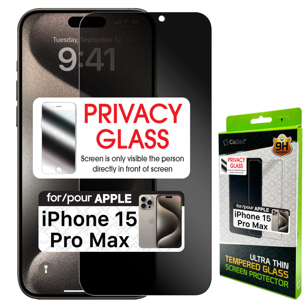 SYIPH15PROMAX - Apple iPhone 15 Pro Max Privacy Tempered Glass Screen Protector (0.8mm) by Cellet