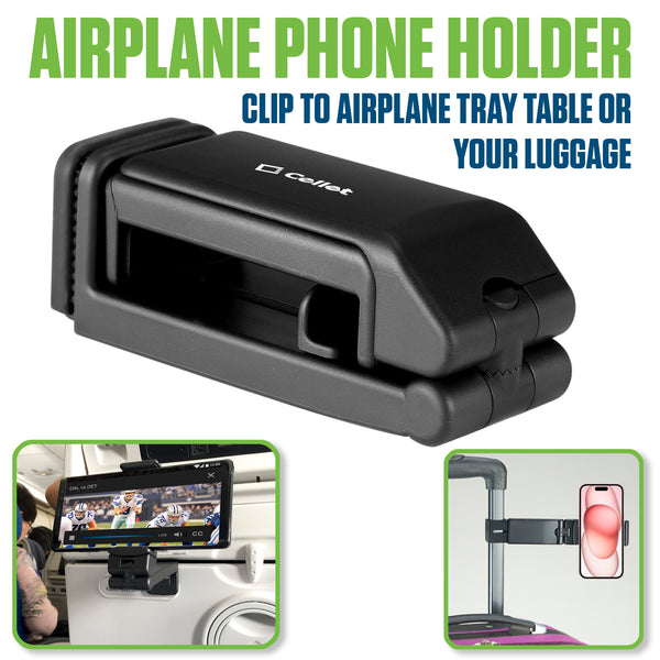 PHAP01 - Cellet Airplane Phone Holder Mount – Foldable Travel Phone Clip for Airplane Tray Table or Luggage Handle, Adjustable 360° Rotation, Universal Fit for iPhone, Samsung, Google Pixel & More