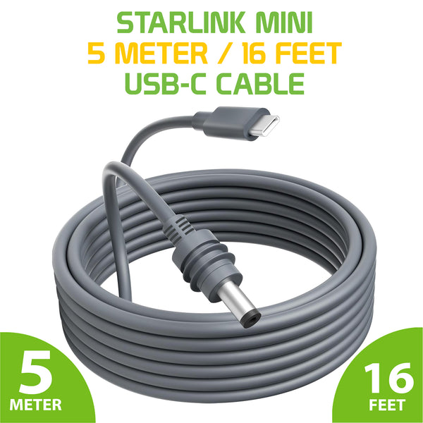 DASTRMINI5M - 5-Meter / 16-Feet Starlink Mini USB-C to DC Power Cable Cord 100W Input USB Type C to DC Cable, DC Power Cable Direct to USB-C for Starlink Mini Work with 100W+ PD Source Waterproof 18AWG (Copy)