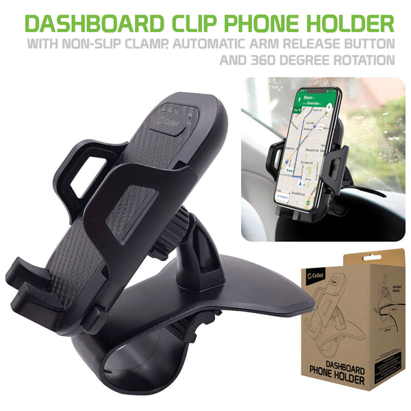 PHD260 - Dashboard Clip Phone Holder, Clip Mount with Non-Slip Clamp, Automatic Arm Release Button and 360 Degree Rotation for Apple iPhone XS Max, X/XR/XS, Samsung Galaxy Note 10/10 Plus and More – by Cellet
