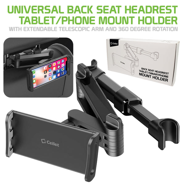 PH355BK - Universal Back Seat Headrest Tablet/Phone Mount Holder with Extendable Telescopic Arm and 360 Degree Rotation for Apple iPad, iPad Pro, iPad Mini, iPhones and Other Smartphones and Tablets (fits up to 8”) by Cellet - Black