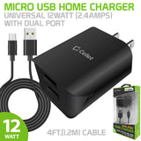 TCMICROH24 - Micro USB Home Charger, Universal 12Watt (2.4amps) Home Charger with Dual Ports and 4ft.(1.2m) Micro USB Cable Compatible to Kindle, Kindle Paperwhite, Samsung Galaxy Tab 4/3, Tab A, Smasung Galaxy S7 Edge/S6 Edge, Galaxy Note 5/4 - Black
