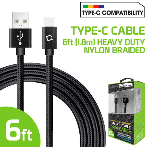 DCA620BK - Type-C Cable, Cellet 6ft (1.8m) Heavy Duty Nylon Braided USB-A to USB-C for HTC 10, LG G5, Nexus 5X/6P, LG V20, Samsung Galaxy Note 7 - Black