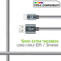 DCA1020GY - USB-C Cable, Cellet 10ft (3m) Heavy Duty Nylon Braided USB-A to USB-C - Silver