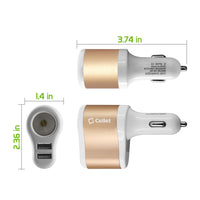 PUSBDC3AWT - Cellet 3 in 1 Car Charger with 2 USB Ports and 1 Car Socket Lighter Adapter - White/Gold