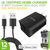 TCAPP824HBK - UL Certified Compact Home Charger for Apple Devices, 12 Watt (2.4Amp) Home Charger with Dual Ports and 3.3 ft. Apple MFI Certified Lightning Cable compatible to iPhone XS Max, XS, XR, X, 8/8 Plus, iPad, iPad Mini 4/3/2 and more - Black