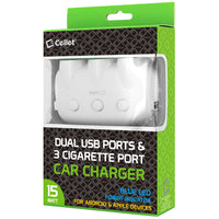 PBACK3WT - Cellet Dual USB Port & 3 Cigarette Port Car Charger for Android & Apple devices - White