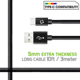 DCA1020BK - 10 Ft Durable Nylon Braided Type C Data Transfer & Sync Fast Charge Cable 2.5 Amp