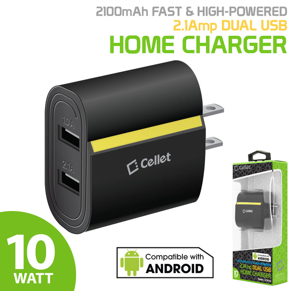 TANN230BK - Cellet Dual USB Home Charger, 2.1 Amp / 10 Watt Wall Charger for Apple iPhone X, 8, 8 Plus, iPad Pro, iPad Mini 4, Samsung Galaxy Note 8, Galaxy S8, S8 Plus, etc. - Cable Sold Separately - Black