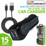 PUSBC3E - Cellet High Powered 3 Amp / 15W  DUAL USB Type-C Car Charger Adapter for Samsung Galaxy S8, Samsung Galaxy S8 Plus,  OnePlus 5, Google Pixel, Google Pixel XL, LG G6  (Type C Straight 4ft Cable Included)