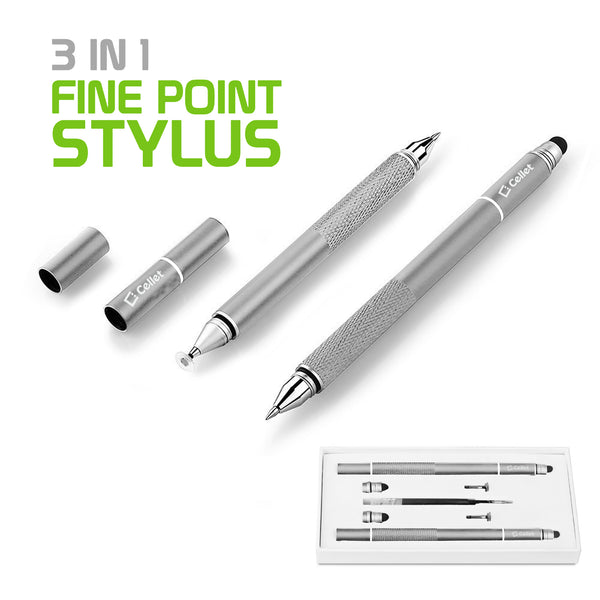 PENDISCSL - 3 in 1 Stylus Pen (Ballpoint Pen, Precision Clear Disc Pen, Capacitive Stylus Pen), 2 Stylus Pens with Replacement Tips for Apple iPads, iPhones, Tablets, Androids and More by Cellet - Gray