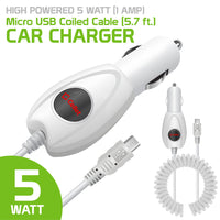 PMICRO1WT - High Powered 5 Watt (1 Amp) Micro USB Coiled Cable (5.7 ft.) Car Charger by Cellet - White