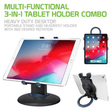 PHTAB5003 - Multi-Functional 3-in-1 Tablet Holder Combo, Heavy Duty Desktop, Portable Stand and Headrest Holder with 360 Degree Rotation for iPads and Tablets - Black