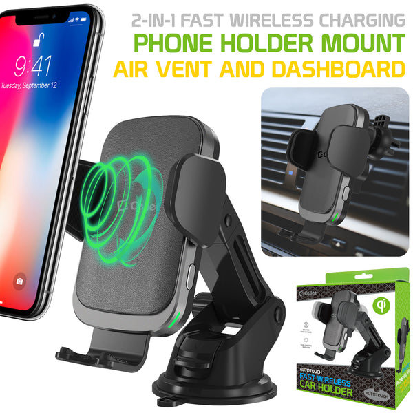 QI1000 - 2-in-1 Fast Wireless Charging Phone Holder Mount with Auto touch Release and Lock Cradle, Lock Lever and Reusable Sticky Suction Cup for Air Vent and Dashboard (10 Watt/2.1Amp) Compatible to iPhone XS Max, XR and More - by Cellet