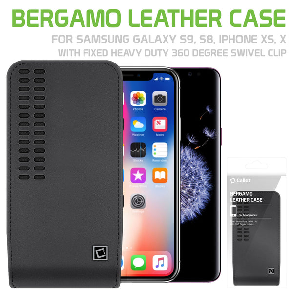 LBERGAMOSM - Cellet Bergamo Premium Leather Case for Apple iPhone XS, 8, 7, 6 and Samsung Galaxy S9, S8, S7, S6, S5 with Fixed Heavy Duty 360 Degree Swivel "HM" Clip