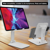 PHTAB60WT - Tablet Desktop Stand, Foldable Heavy Duty Adjustable Smartphone and Tablet Stand with Non-Slip Rubberized Grips and Weighted Base Compatible to Smartphones, Tablets, iPads and Nintendo Switch – White