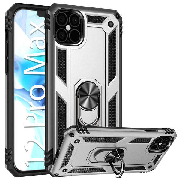 CCIPH12PMIFSL - Cellet Heavy Duty iPhone 12 Pro Max Combo Case, Shockproof Case with Built in Ring, Kickstand and Magnet for Car Mounts Compatible to Apple iPhone 12 Pro Max – Silver