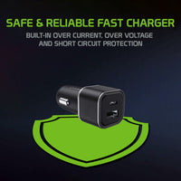 PC30WBK - Dual USB Car Charger, Universal High Power 30 Watt Dual (USB A & USB C) Port Car Charger by Cellet - Black